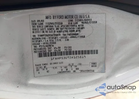 2003 Ford Taurus Se from USA, damaged, VIN 1FAHP53U93A125819